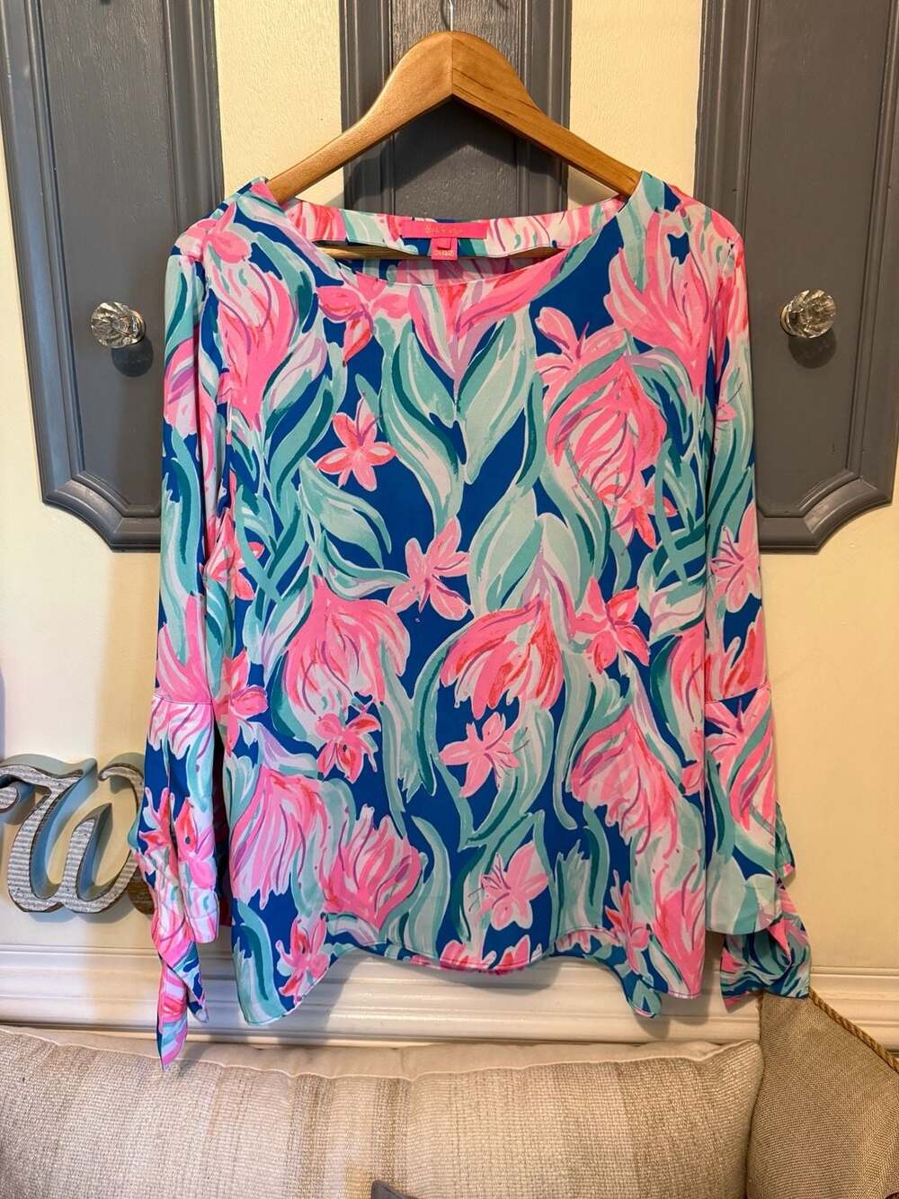 Lilly Pulitzer Langston Long Sleeve Tie Cuff Top Dream A Little Dream XL